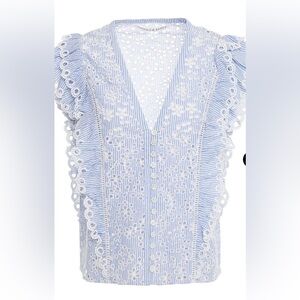 Veronica Beard Striped Blue and White Ruffle Blouse